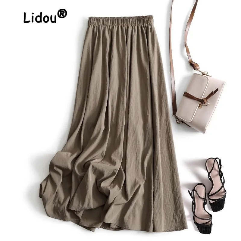 Fashion Solid Color Thin Ventilate A-word Swing Skirt Women High Waist Loose Cool Feeling Silky Smoothness Pleated Lady Shirt custom your logo summer women set solid basic split t shirt solid loose two piece set cotton ventilate fashion casual clothing