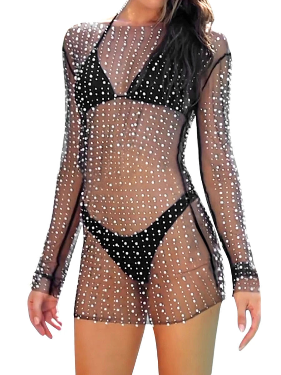 

Женское блестящее мини-платье Barbotimer, сексуальная прозрачная сетчатая накидка с жемчугом для купальников, бикини, летние пляжные платья