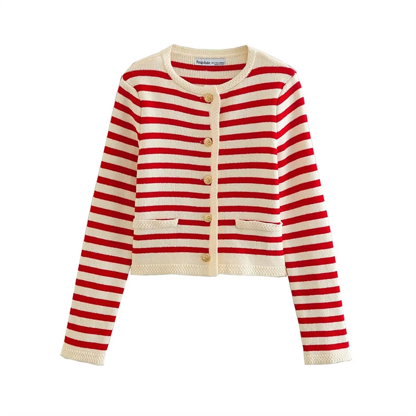 

Spring Fashion Women New Splicing Striped Knitted Sweater Cardigans Casual Slim Elegant Simple Female Chic Tops