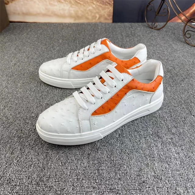 White and Orange Ostrich Leather Shoes | White Ostrich Skin Sneakers 14 US