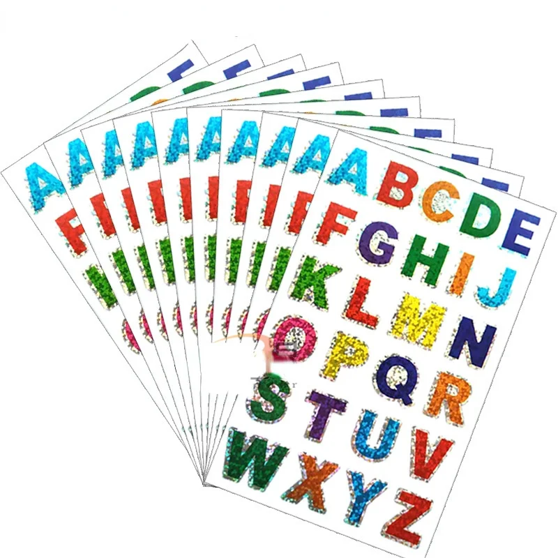10 Sheets Colorful Laser Letters Number Stickers for Students Kids Book Notebook Decor DIY Self Adhesive A To Z Words Stickers