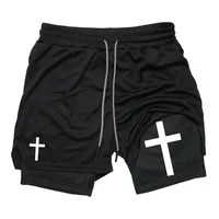 Cross Graphic 2 in 1 Workout Running Shorts for Men Christian Gym Performance Shorts with Phone Pocket Towel Loop Active Wear 2