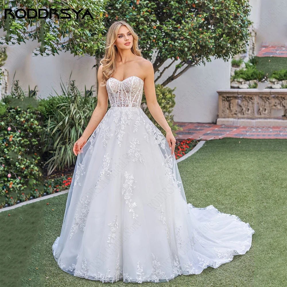

RODDRSYA Tulle Calssic A-Line Lace Wedding Dress Strapless Appliques Bridal Gowns Sleeveless Vestido Novia Boda Custom Made