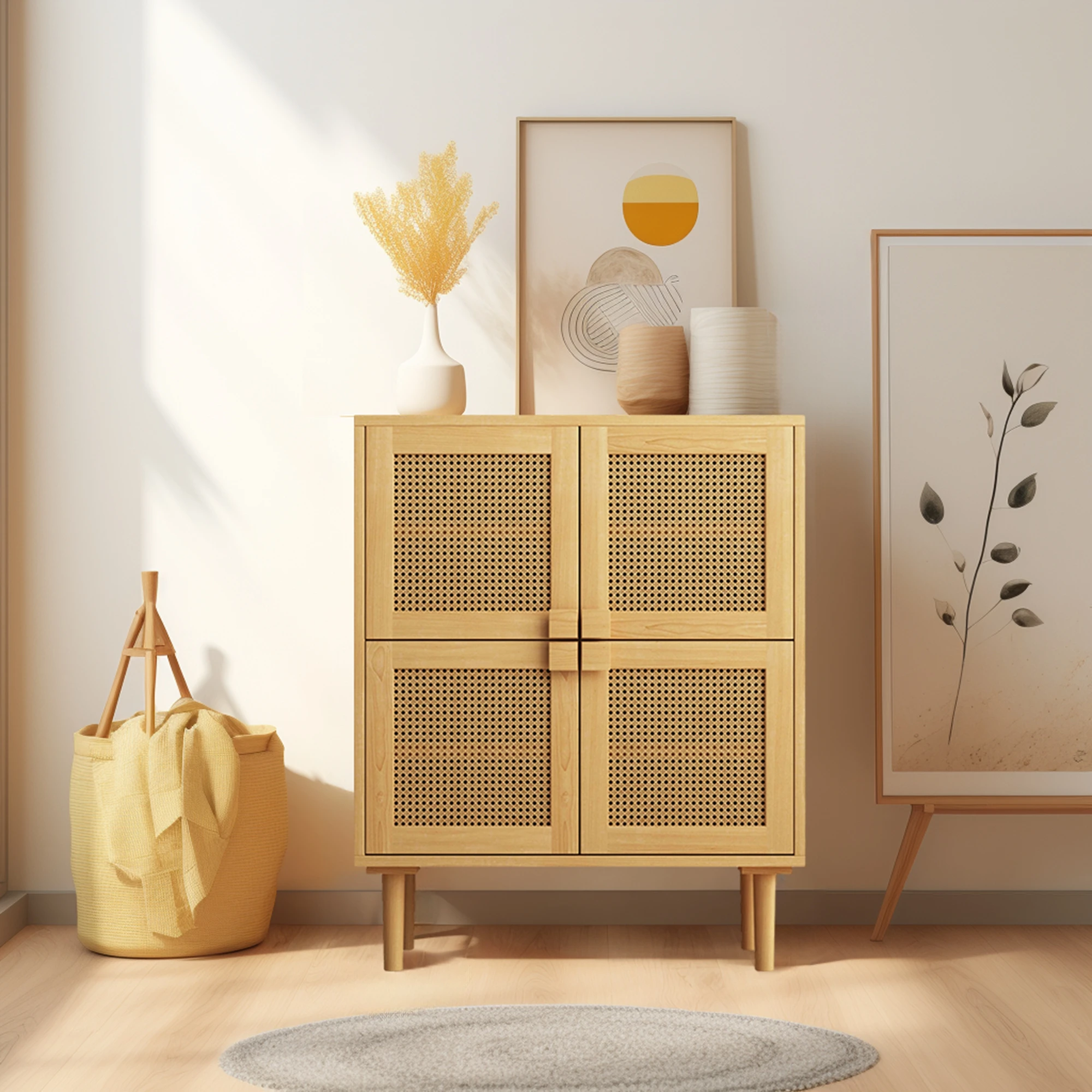 

4-Doors Rattan Mesh Storage Cabinet, Sideboard with Eight Storage Spaces, for Entryway, Living Room, Hallway (Natural)
