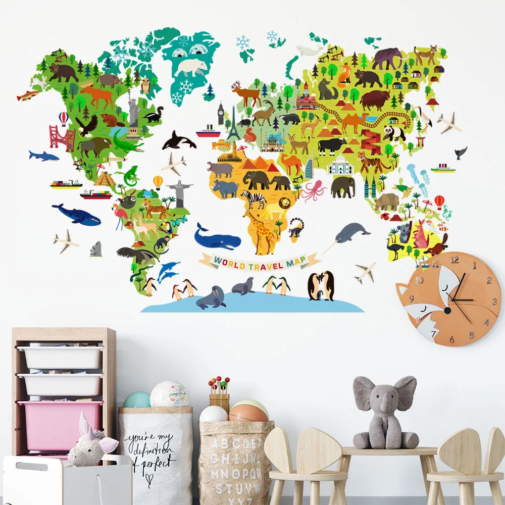 World Travel Map Block Wall Stickers for Display Window Nursery Study Room