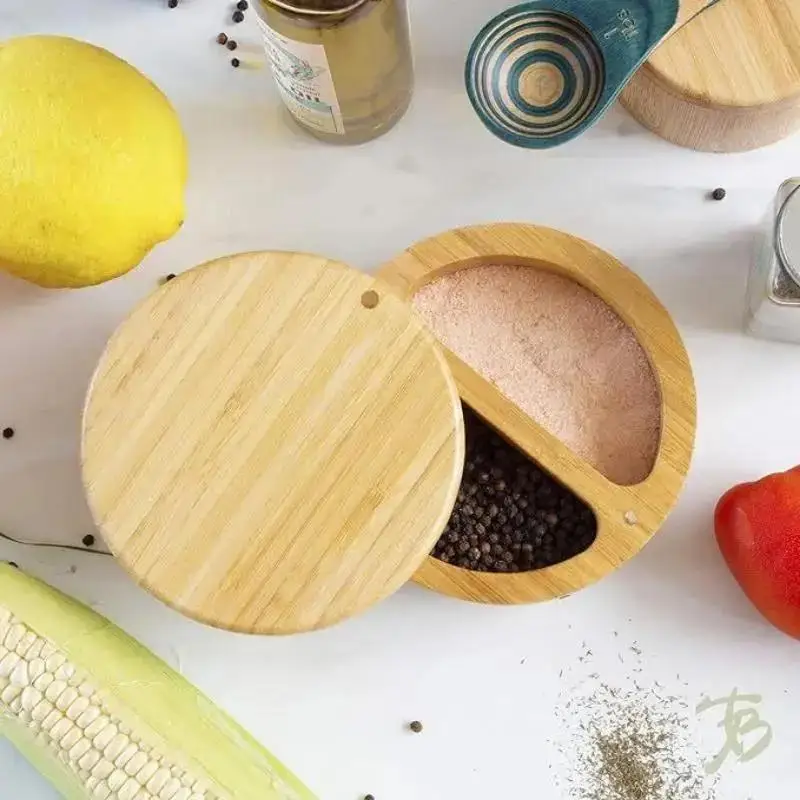 Bamboo Salt Jar with Spoon Kitchen Spice Jar Magnetic Rotating Household Seasoning Container Jewelry Handmade Storage Boxes