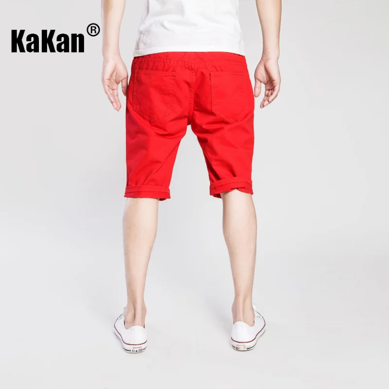 Kakan - Summer New Vintage Perforated Capris Jeans for Men, Royal Blue Red Distressed Washed Casual Jeans K35-F049