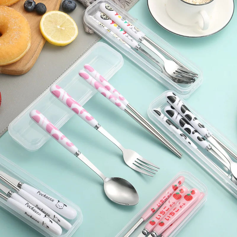 Stainless Steel Portable Cutlery Set, Forks, Spoons, Chopsticks, Cartoon Cow Strawberry, Outdoor Picnic Cutlery, Kitchenware