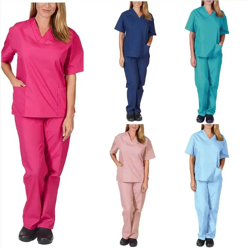 

Solid Women Scrubs set High Quality Pet grooming Medical Uniforms Men V-Neck Doctor suits Spa Dental uniforms Scrubs Tops Pants