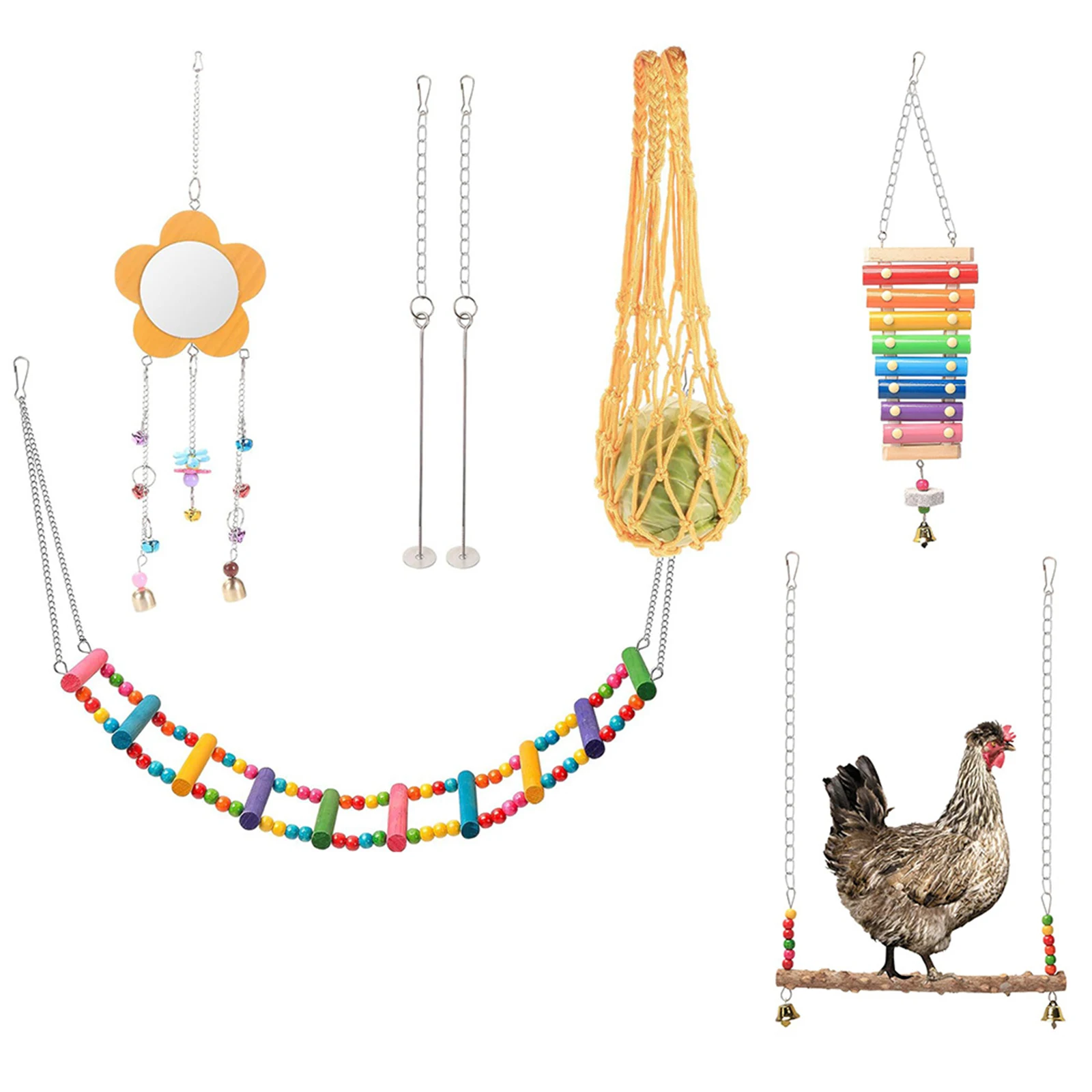 Wooden Chicken Toy Set with Hanging Feeder for Parakeet