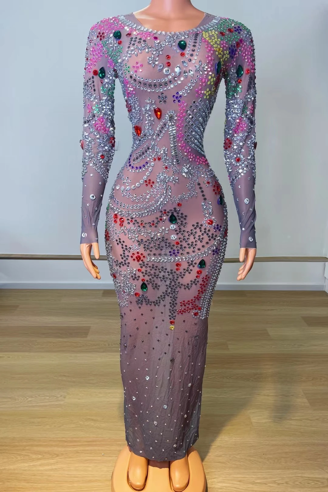 Sparkly Colorful Rhinestones Long Sleeves DressTransparent Evening Birthday Celebrate WeddingCostume Women Dancer Show DressA105