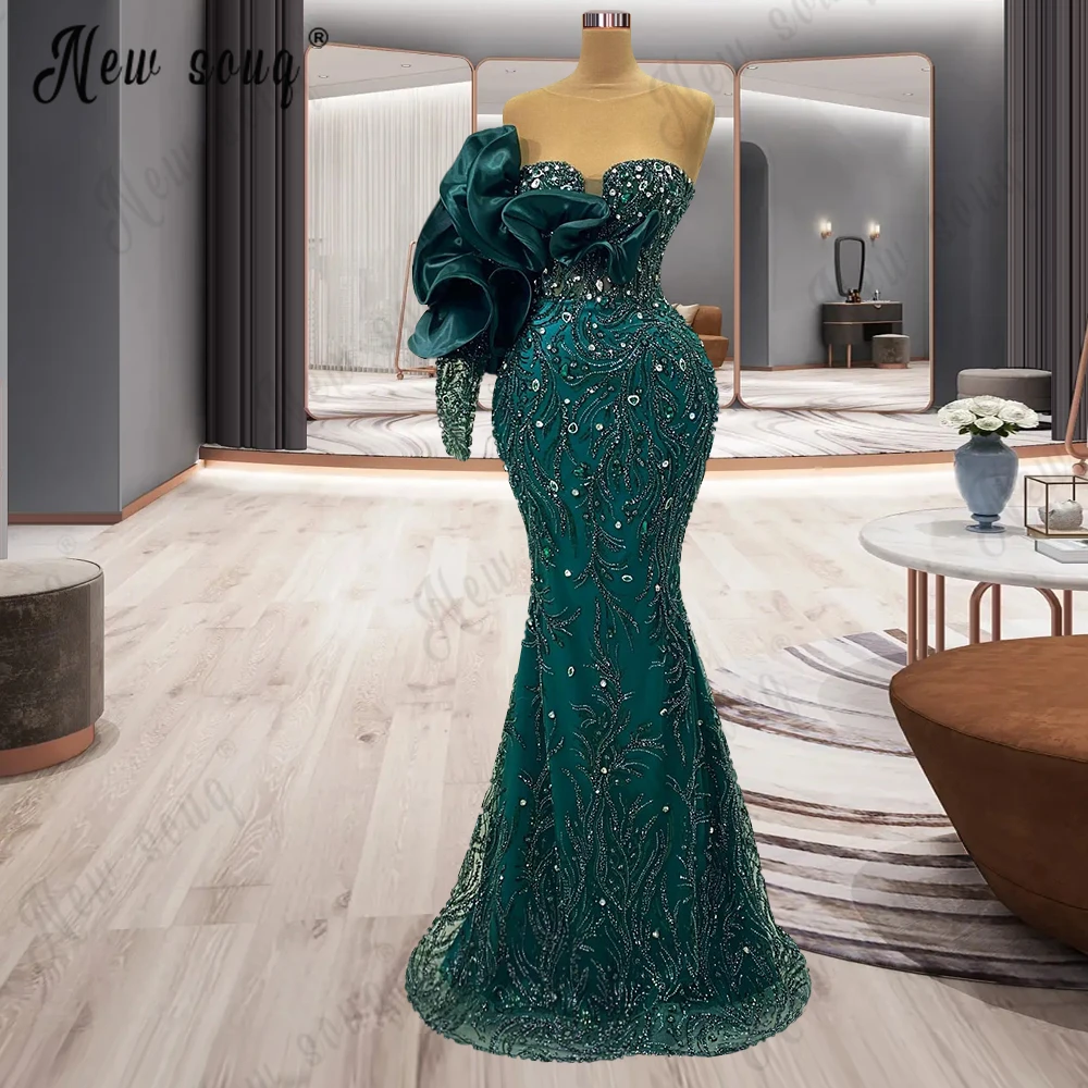 

Luxury Emerald Green Beading Mermaid Evening Dress One Sleeve Ruffle Tiered Wedding Party Gowns Special Occasion Dresses Dubai
