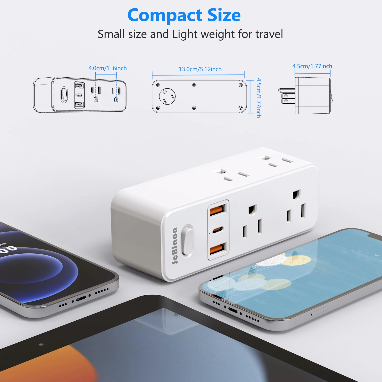 360&deg;Rotating Power Strip US Plug with 6 AC Outlets 3 USB Ports 1 Type-C,Multiple Wall Socket with Switch Network Filter for Home