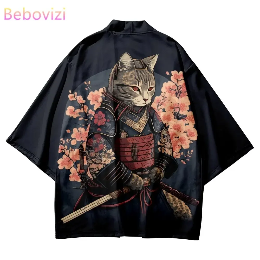 Plus Size giapponese Sakura Cat Samurai Print Kimono Streetwear uomo donna Cardigan Harajuku abbigliamento tradizionale Summer Beach Haori