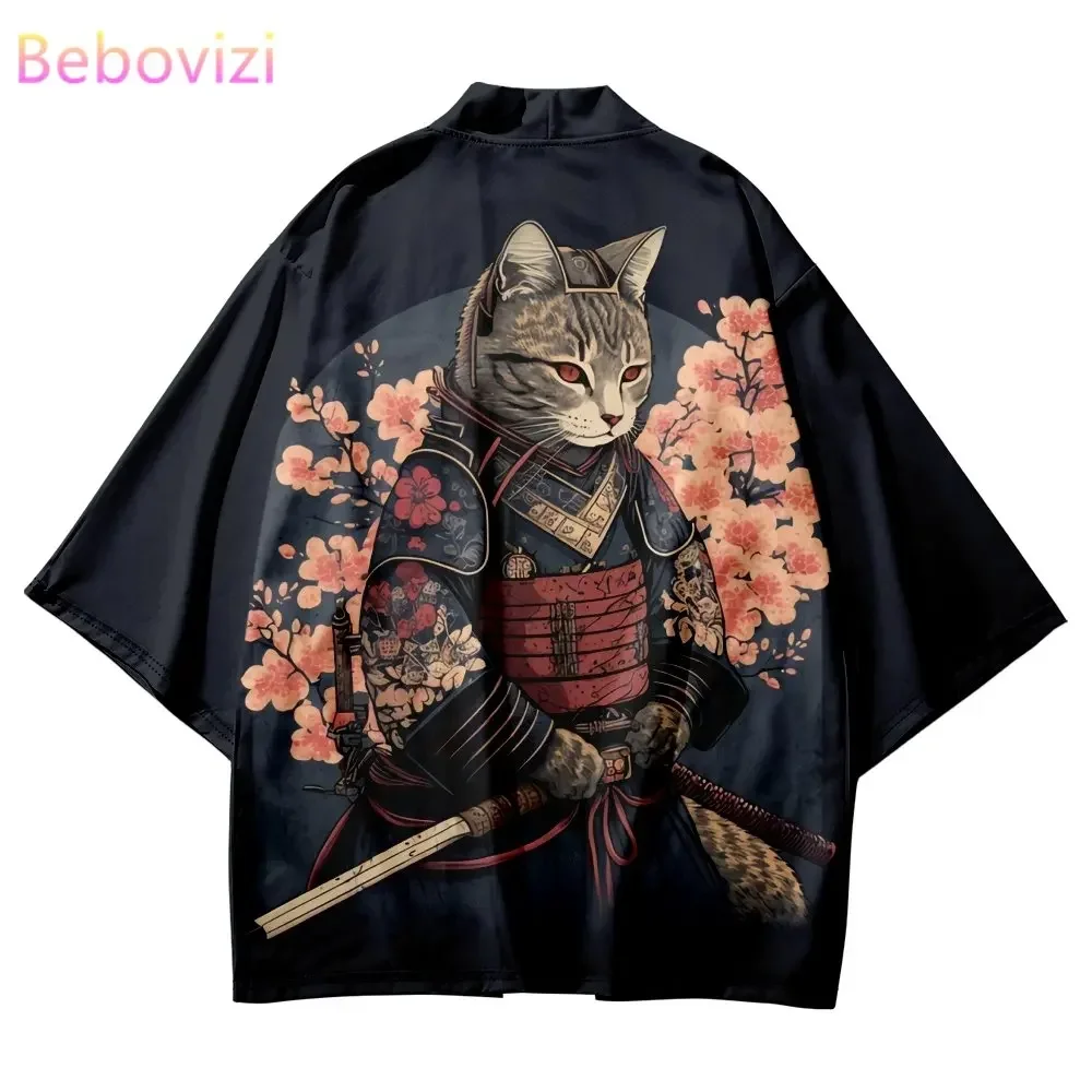 Vintage Cat Sakura Crane Print Kimono Outerwear
