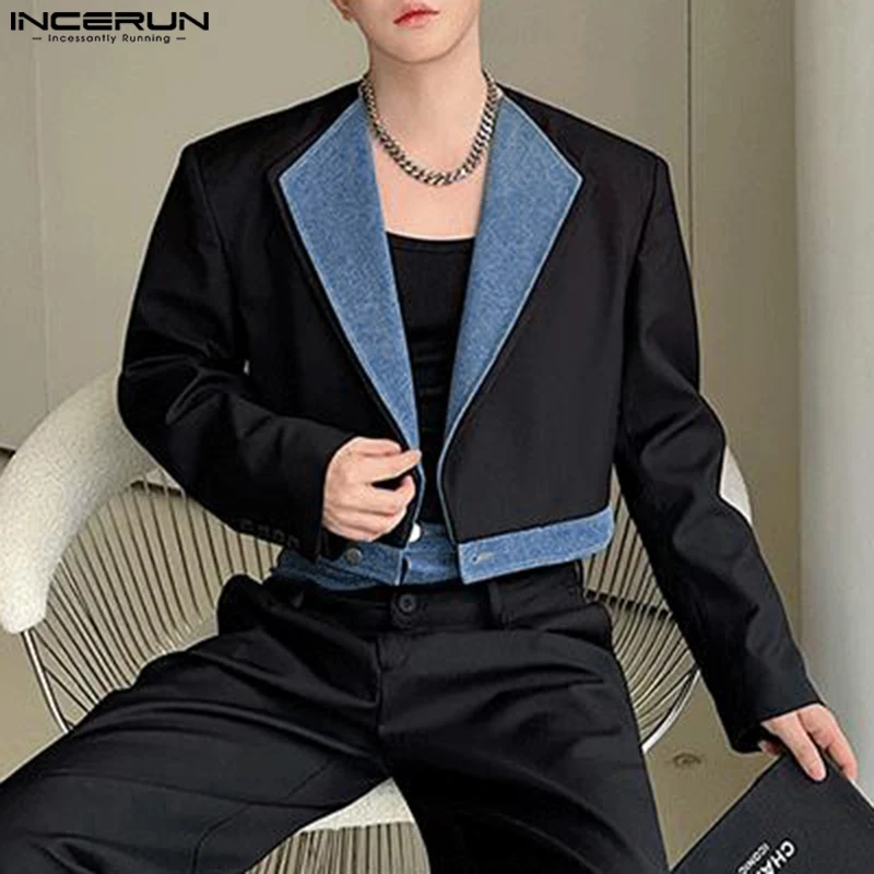 INCERUN Tops Korean Style Men's Fashion Contrast Denim Splicing Short Suit Coats Casual Streetwear Male Long Sleeved Blazer