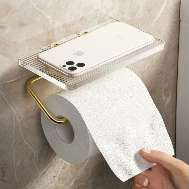 Luxury Gold Toilet Paper Holder with Shelf No Punching Acrylic Roll Paper Holder Tissue Hanger Bathroom Accessories Bathroom