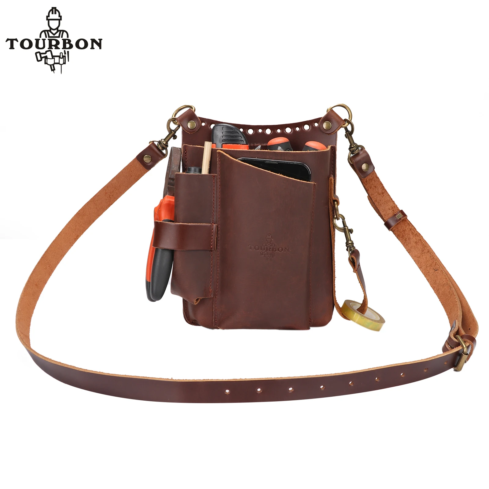 tourbon-leather-gardening-pouch-tool-waist-bag-drywaller's-contractor-tool-carrier-with-shoulder-strap-brown