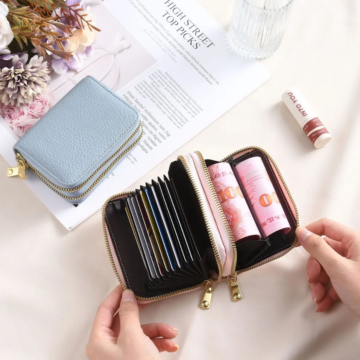 Women's Dual-Zipper Card Organizer  Textured Grain Wallet with Coin Pocket Multi-Slot Double-Layer Purse for Essentials & Travel