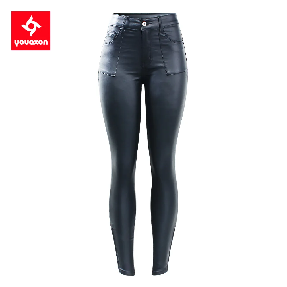 2241 Youaxon New High Street Black PU Leather Warm Fleece Pants Women`s Fashion y2k Trousers Jeans For Women Trend 2022