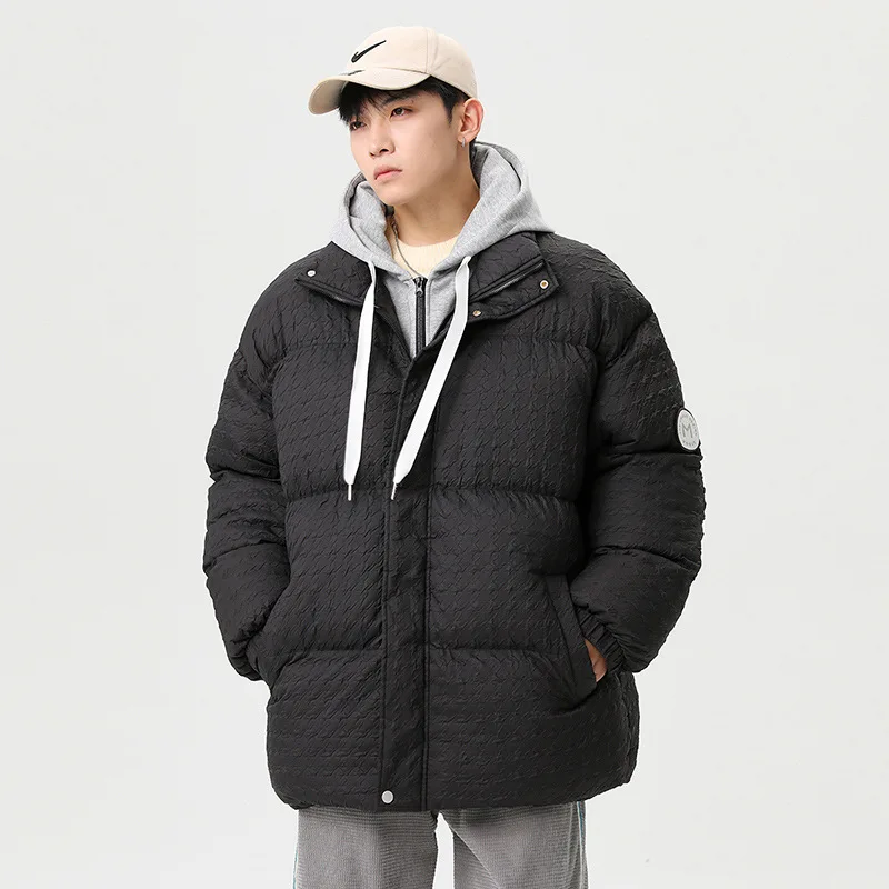 Mens Fashion Fake Two-piece Hooded Jacket Windproof High Collar Color Matching Coat Houndstooth Padded Jacket Parka Hombre