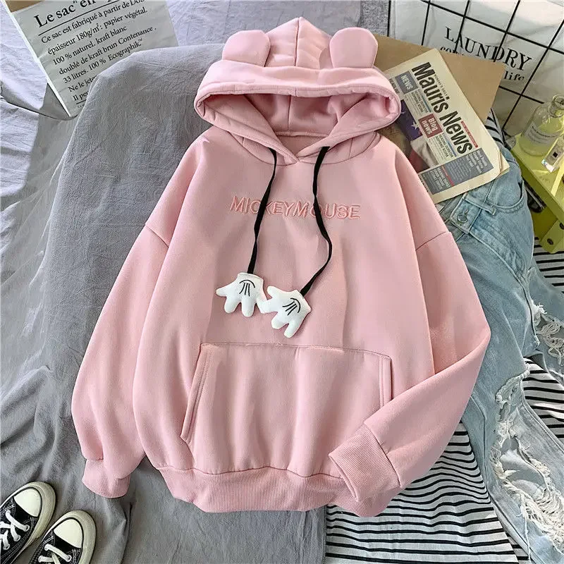 Women Solid Color Casual Loose Winter Hoodies Tops 2023 Animal Ear Street Style Sweatshirt Female College Plush Pullover Autumn