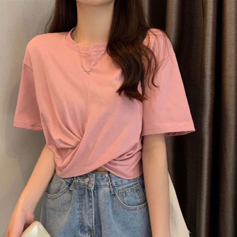Summer Women's Set Korean Edition Pink Cross Short Sleeved Top Wrapped Waist to Show Slim Back Strap Skirt Two Piece Set