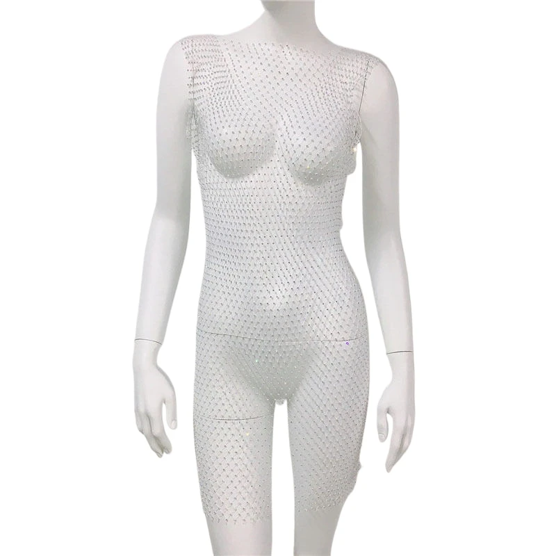 2025, Sommer-Damen-Mini-Fischnetz-Mesh-Strass-Glitzer-Club-Partykleid, Y2K, trendige ärmellose Abend-Verband-Bleistiftkleider – Detail 7