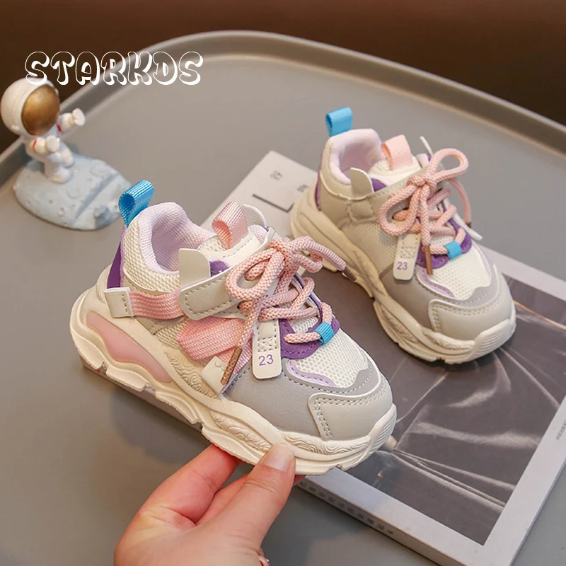 Brand Design Kids Sneakers 2023 Spring New Thick Sole Mesh Tennis Boys Soft Sport Shoes Toddler Girl Casual Hook & Loop Footwear 4