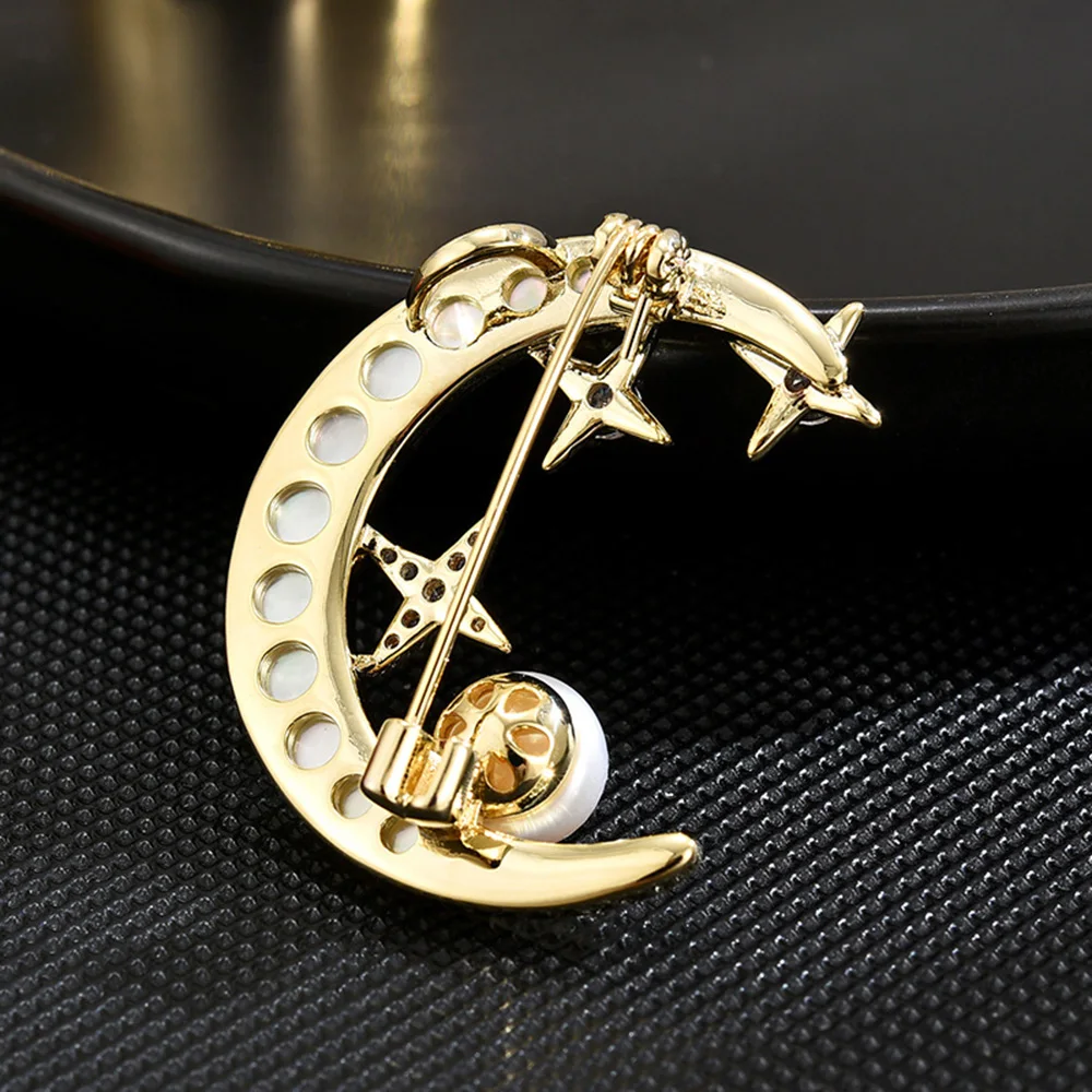 Exquisite Elegant Rhinestone Moon Pearl Brooches For Women Crystal Star Crescent Lapel Pins Fashion Jewelry Clothing Accessories