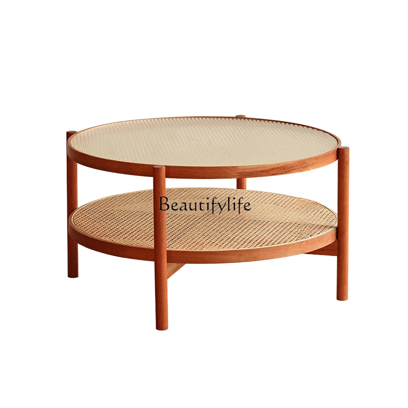 

Nordic round Glass Tea Table Combination Cherrywood Rattan Mini Corner Table