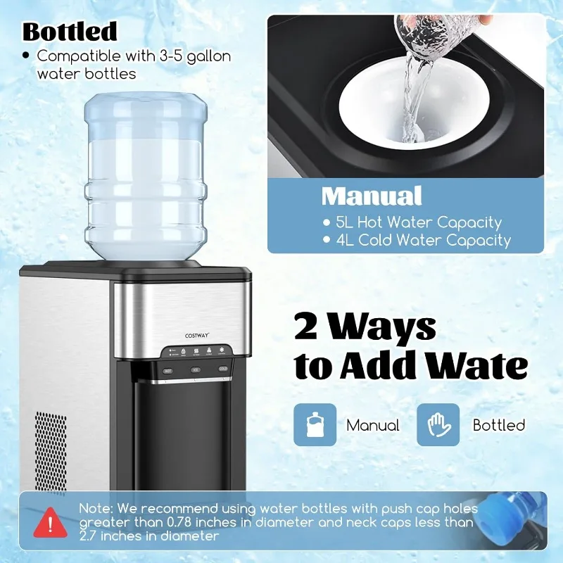 COSTWAY Water Dispenser with Ice Maker, 3-in-1 Countertop Hot/Cold Dispenser with Ice Machine, 2 Ways to Add Water, Child Safety 3
