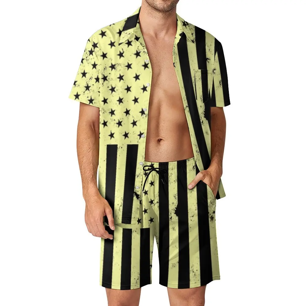 

Beige Yellow Distressed American Vertical Flag USA Patriotic Flag Men's Beach Suit Graphic Vintage 2 Pieces Pantdress High Quali