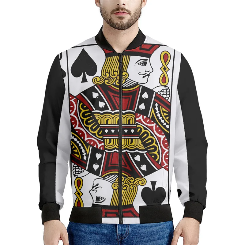 thumbnail image 1 of Chaqueta con estampado de naipes para hombre, chaqueta con cremallera y estampado 3D de póquer, informal, holgada, con cremallera, estilo bomber, 1 of 4