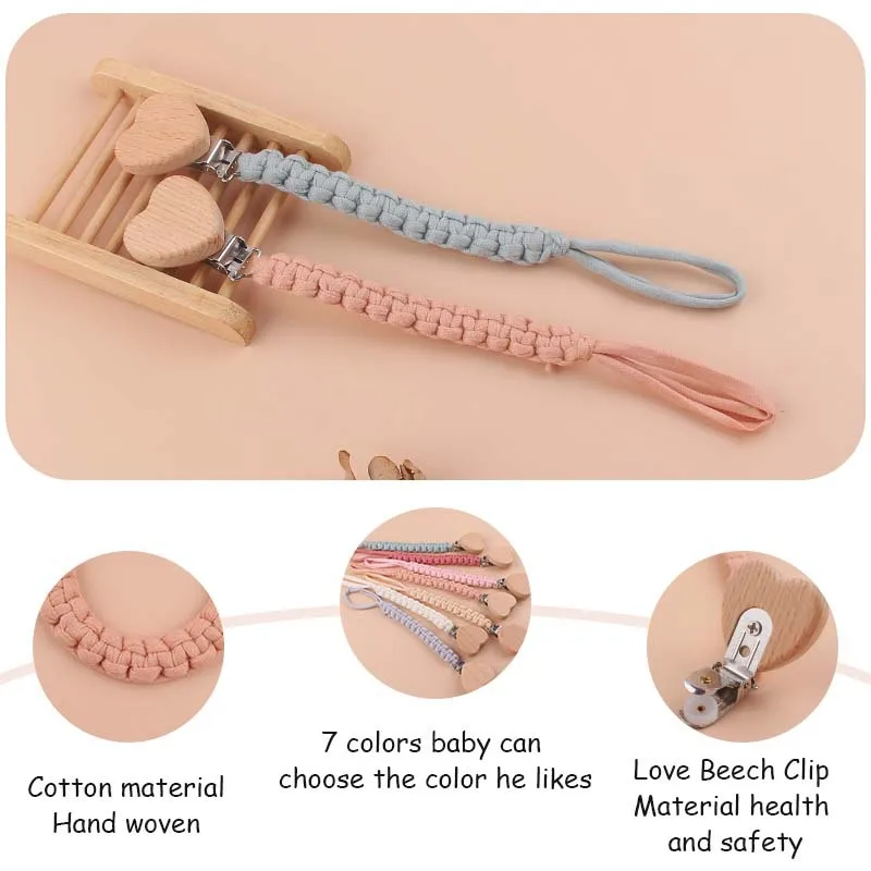 Baby Pacifier Chain Hand Braided Cotton Cloth Handmade Heart Shape Wooden Dummy Pacifier Clips For Nursing Teether Shower Gifts pacifier chain pacifier clip pacifier accessories teether clip