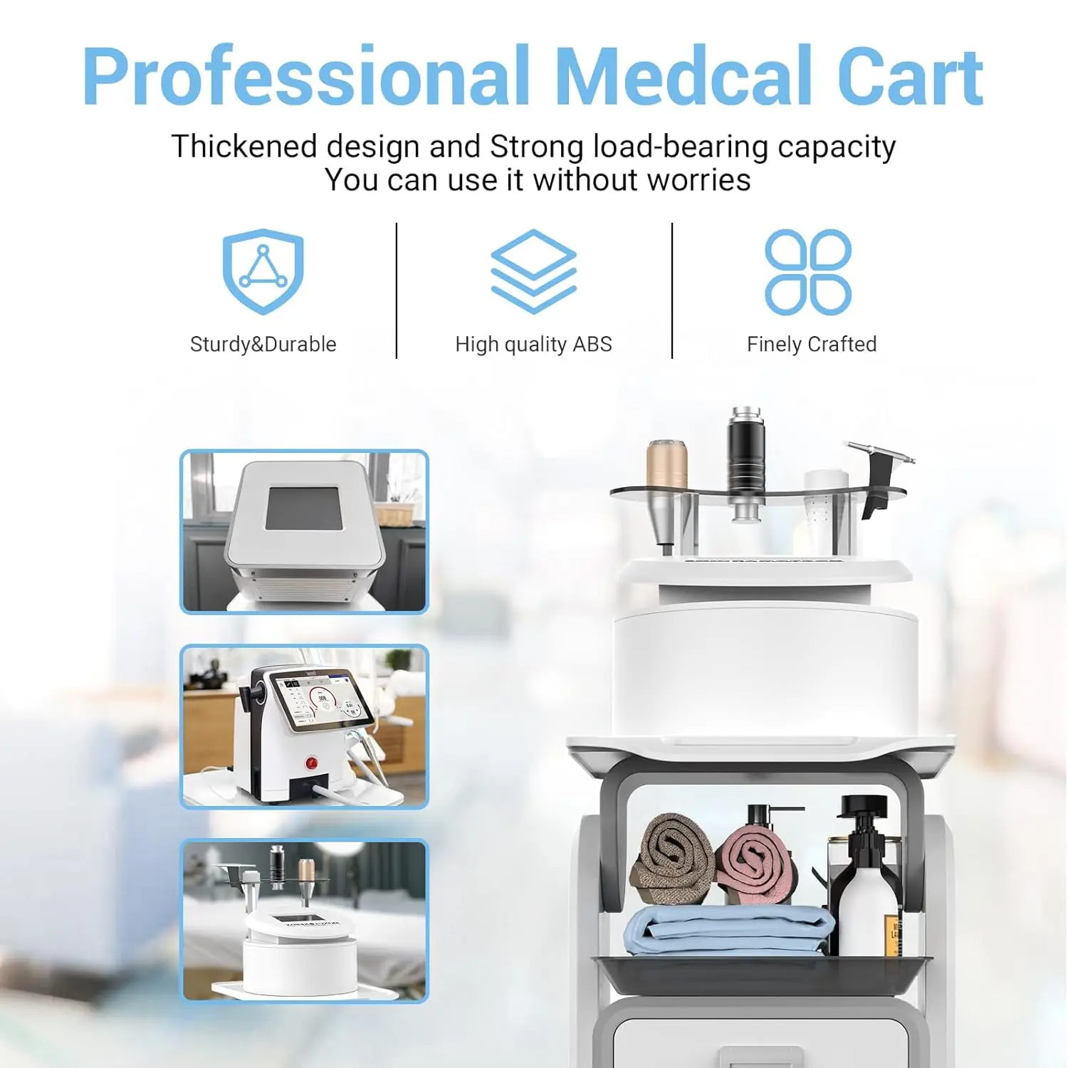 Beauty Storage Cart on Wheels with Drawer, Premium ABS for Safe Use, Load Capacity 220 Lbs, Heavy Duty Medical Cart for Spa,