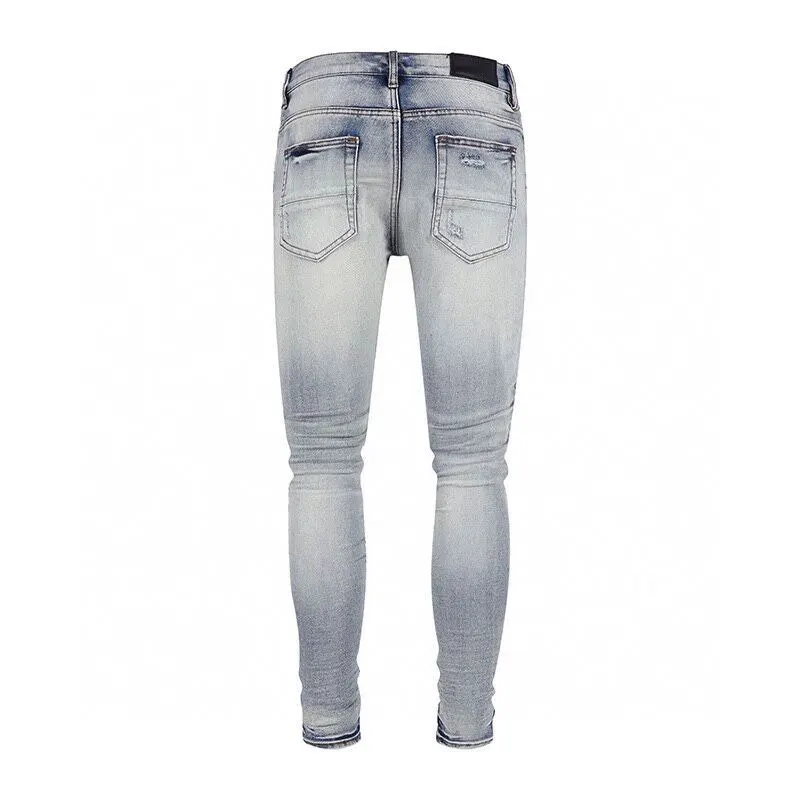 High Street Fashion Men's Tight Jeans Vintage Light Blue Elastic Tight Split Jeans Men's Patch Designer Hip Hop Brand Pants Homb