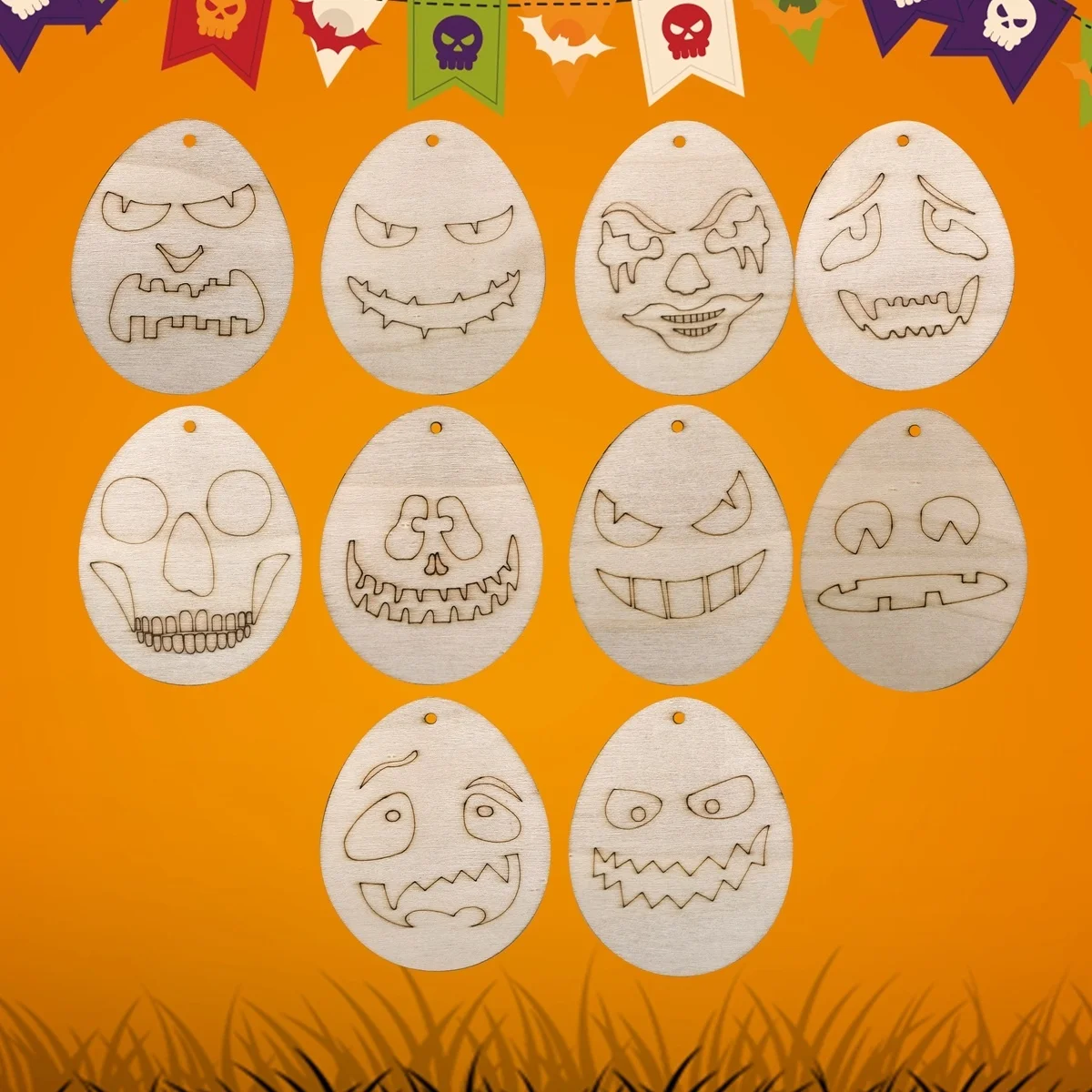 10Pcs Wooden Scary Hanging Crafts Egg Face Ornament For Happy Halloween Party Home Decorations Kids DIY Painting Gifts Supply