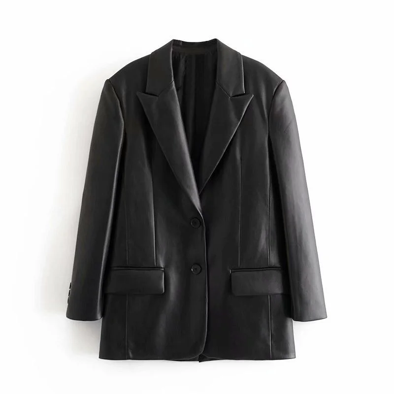 

Women Vintage Black PU Leather Jacket Blazer New Lapel Long Sleeve Loose Fit Coat Fashion Female Clothes Tide Spring Autumn 2023