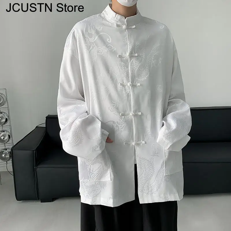 Male Hip Hop Gothic Tops Chinese Style Jacquard Dragon Shirt Harajuku Blouses Satin Streetwear Long Sleeve Tang Clothes