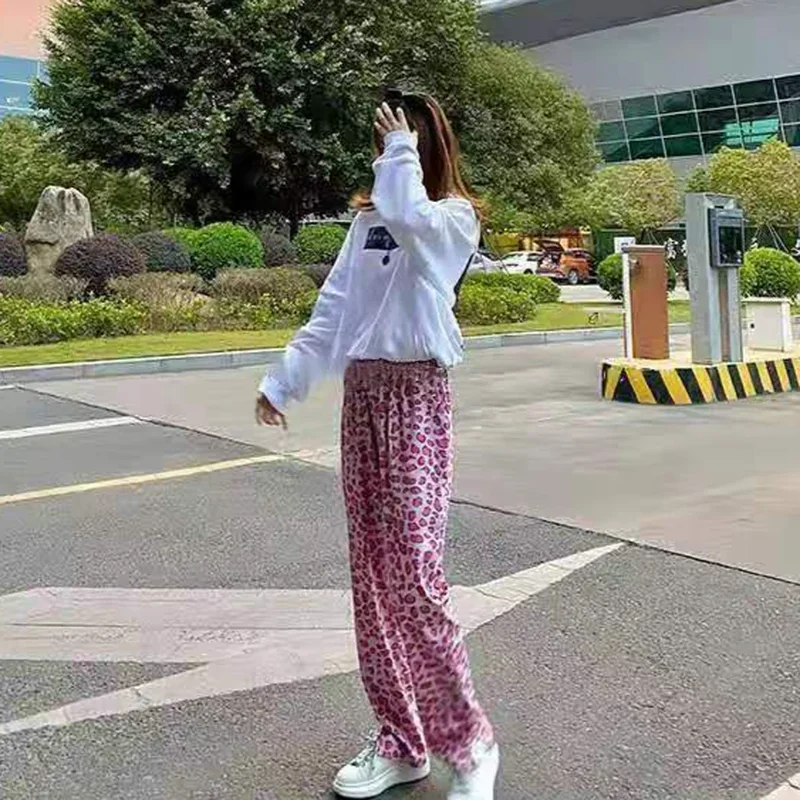 New Full Length Loose Design Fall BF Trendy College Straight Trousers 2024 Women Casual  Pink Leopard Pants Streetwear Ulzzang