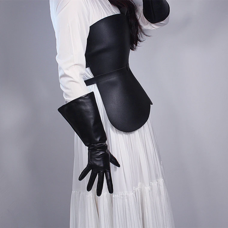 REAL LEATHER TECH LONG GLOVES Unisex Black 38cm Wide Balloon Puff Sleeves Large LLDLLNT