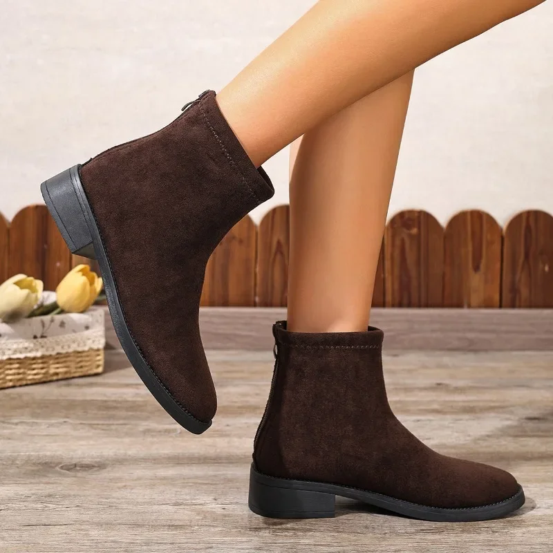Suede Women's Boots Retro Fashion Women's Short Boots 2025 Autumn and Winter Single Boots Thick Heel Slim Womens Shoes