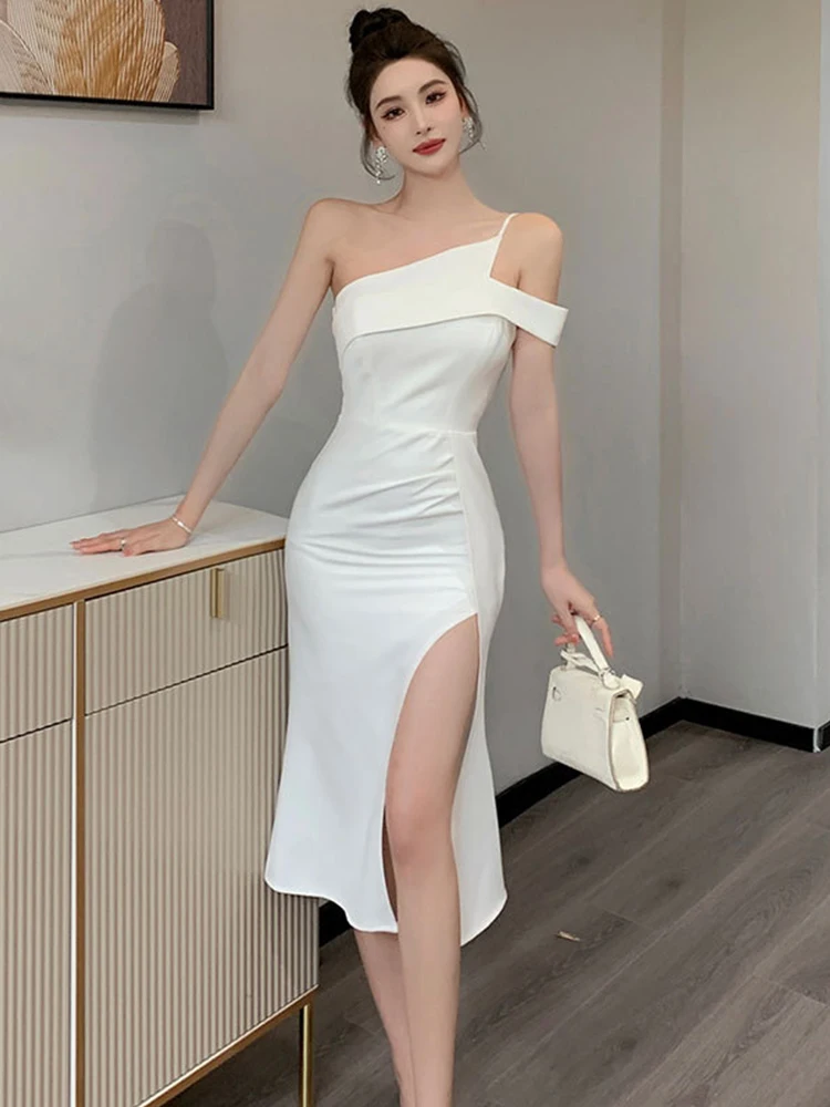 

New Summer Elegant Women Evening Dress White Chic Hollow Sexy Strap Backless Slim Slit Midi Party Club Prom Beach Mujer Vestido