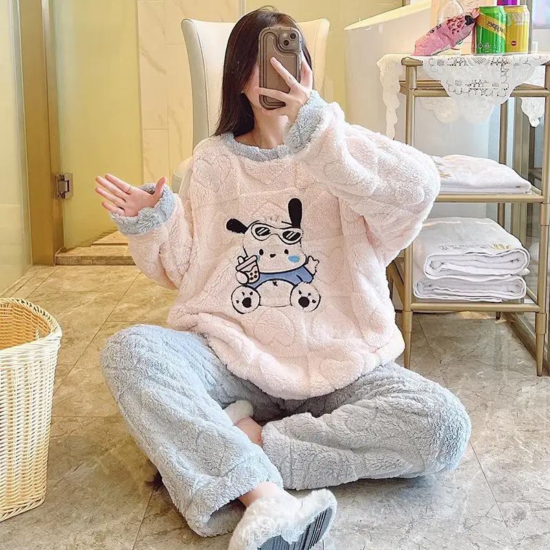 Kawaii Pochacco Pajamas Sanrioed Anime Plush Homewear Suit Autumn Winter Kawaii Large Size Sleepwear Thickening Nightwear Girl