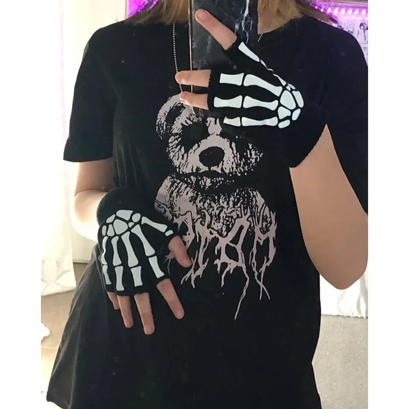 Unisex Adult Halloween Skeleton Skull Half Finger Gloves Glow in the Dark Fingerless Stretch Knitted Winter Mittens 6