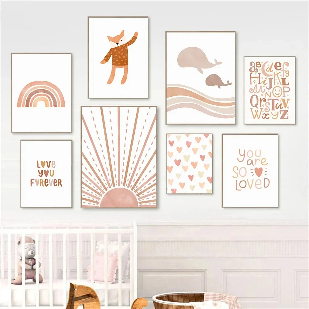 

Boho Rainbow Heart Poster Whale Alphabet Print Cartoon Wall Art Picture Quotes Canvas Painting Nursery Baby Kids Room Home Decor