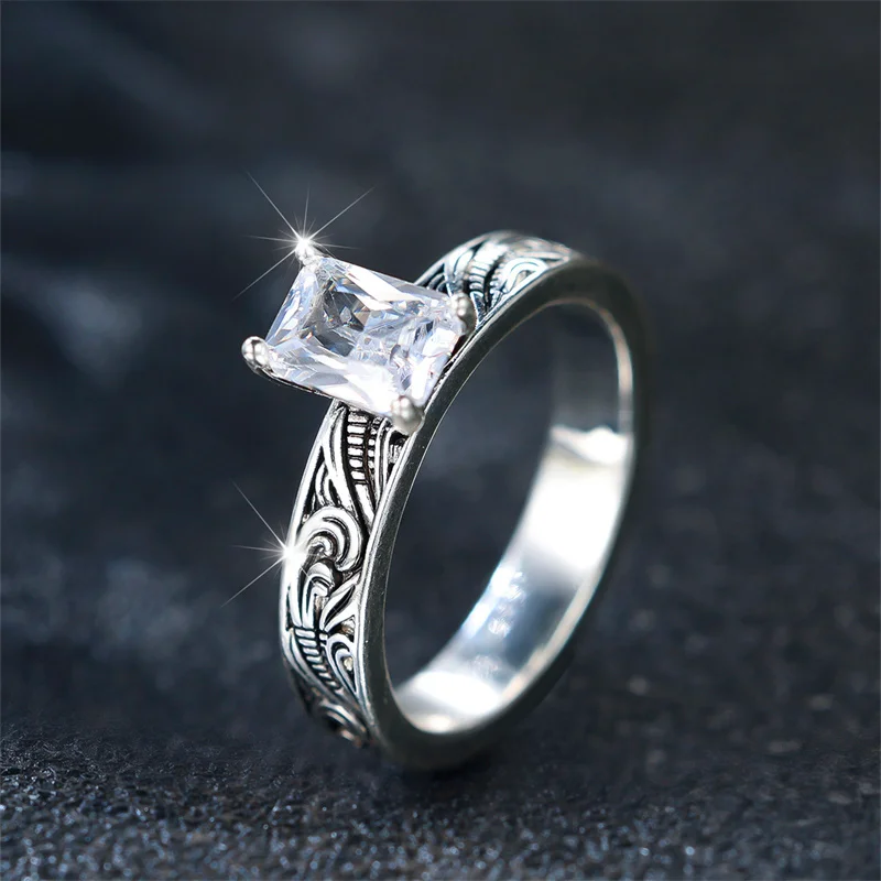 Cute Female White Zircon Stone Ring Trendy Silver Color Square Engagement Bride Wedding Jewelry For Women