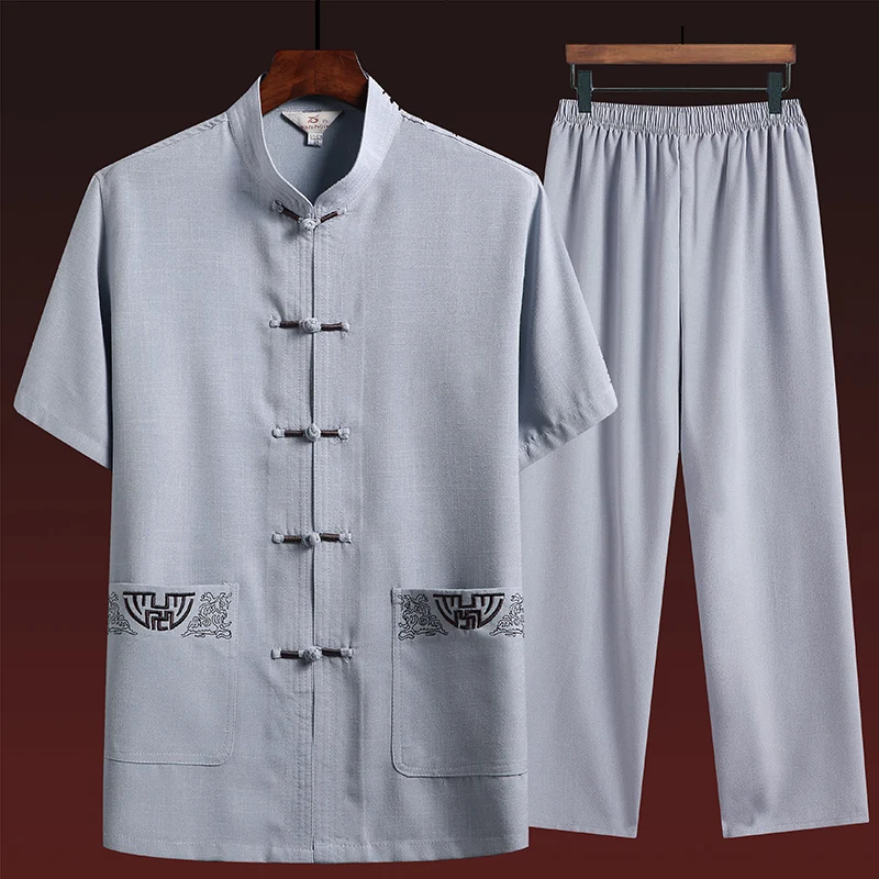 Cotton and Linen (top + Pants) Elderly Men Gold Silk Pan Buckle Pocket Embroidered Tang Dress Han Dress Lay Tai Chi Suit Set 3