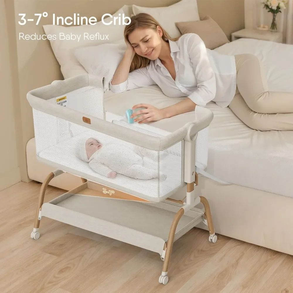 NEW-Baby Bassinet Bedside Crib, 3-in-1 Baby Bassinet Bedside Sleeper with Mattress and Soft, Breathable Sheet, Full-Mesh Sides,